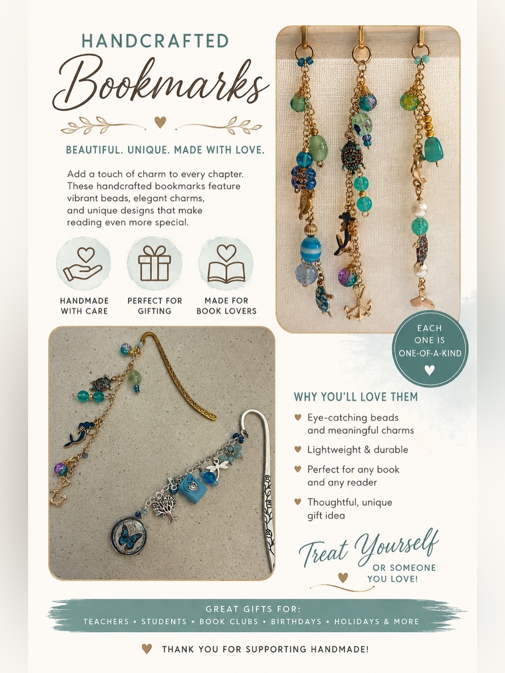 Handcrafted Bookmark with Charms
